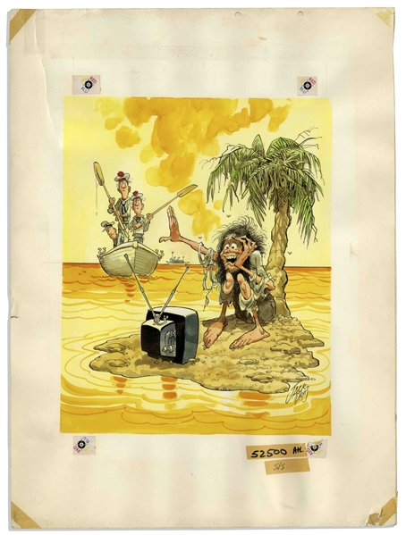 Jack Davis Illustration of a Man on a Desert Island, Refusing Rescue to Watch TV